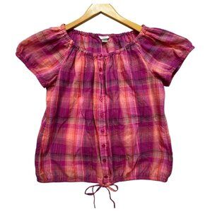 Christopher & Banks Womens Blouse Top Sze XL Pink Orange Plaid Short Sleeve Boho